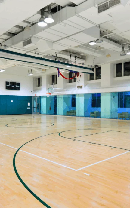 Indoor basketball court with polished wooden floor, green wall padding, multiple hoops, and large windows on the right side. The gym is empty and brightly lit.